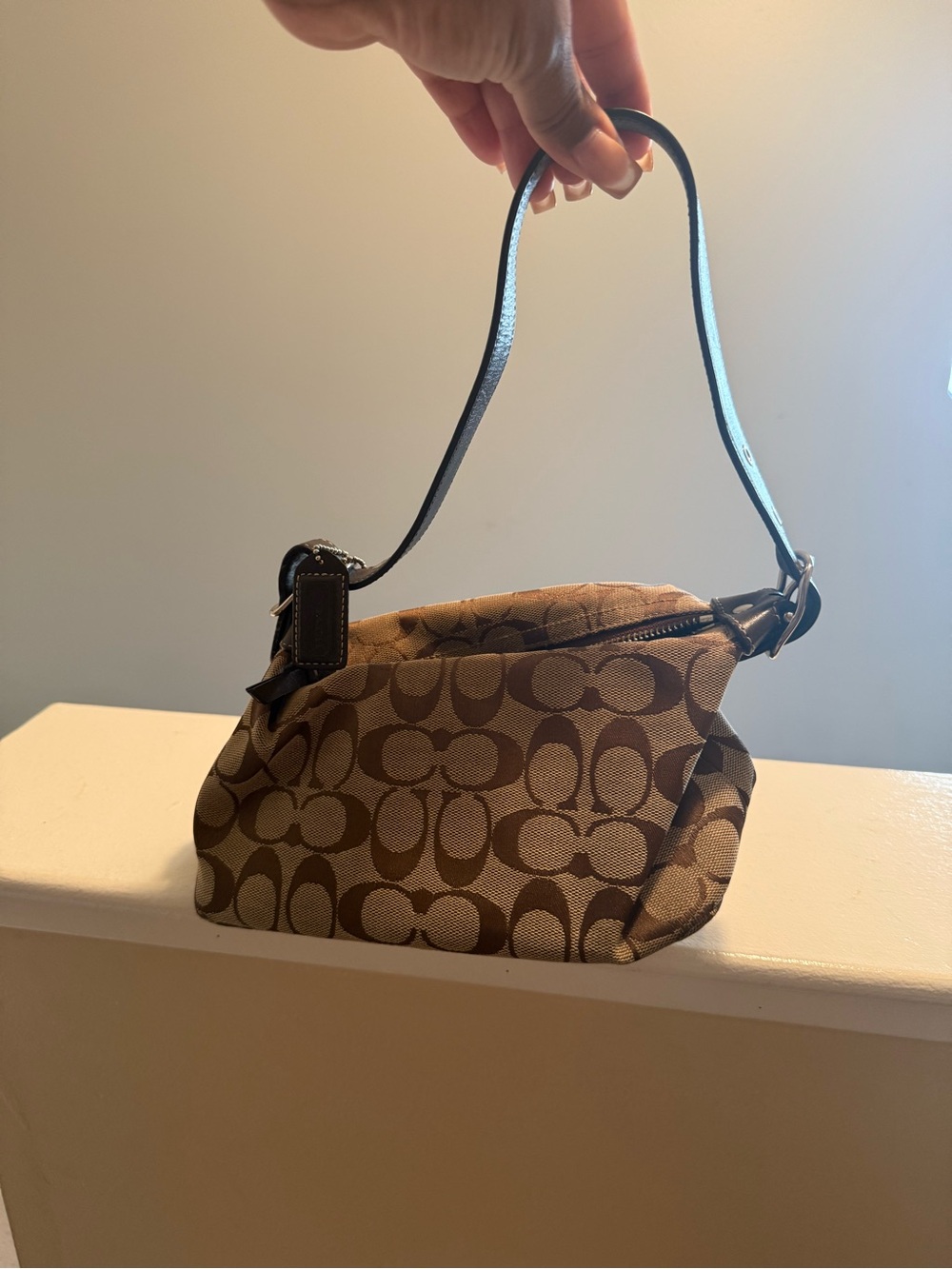 Coach Brown Signature Canvas Shoulder Bag with Dark Brown Strap
